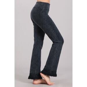 NWOT CHATOYANT Pants L Black Mineral-Wash Crochet Fringe Bootcut Ankle Stretchy